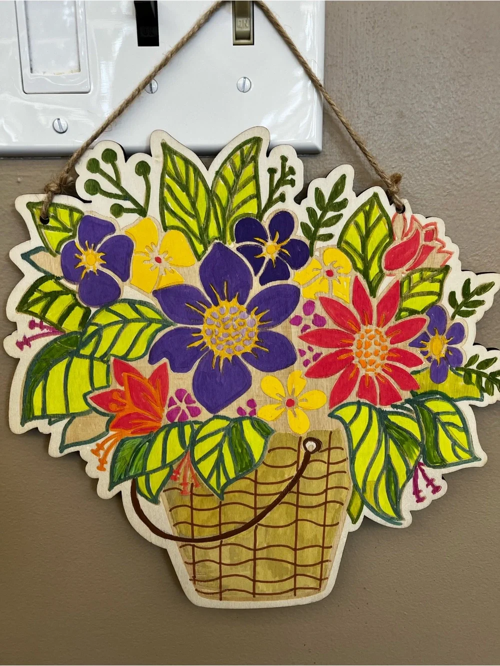 Hand-Painted Floral Basket Wall Décor - Bright Multicolor